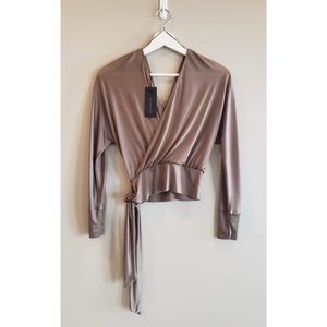 NWT Dark Khaki Metallic Wrap Top